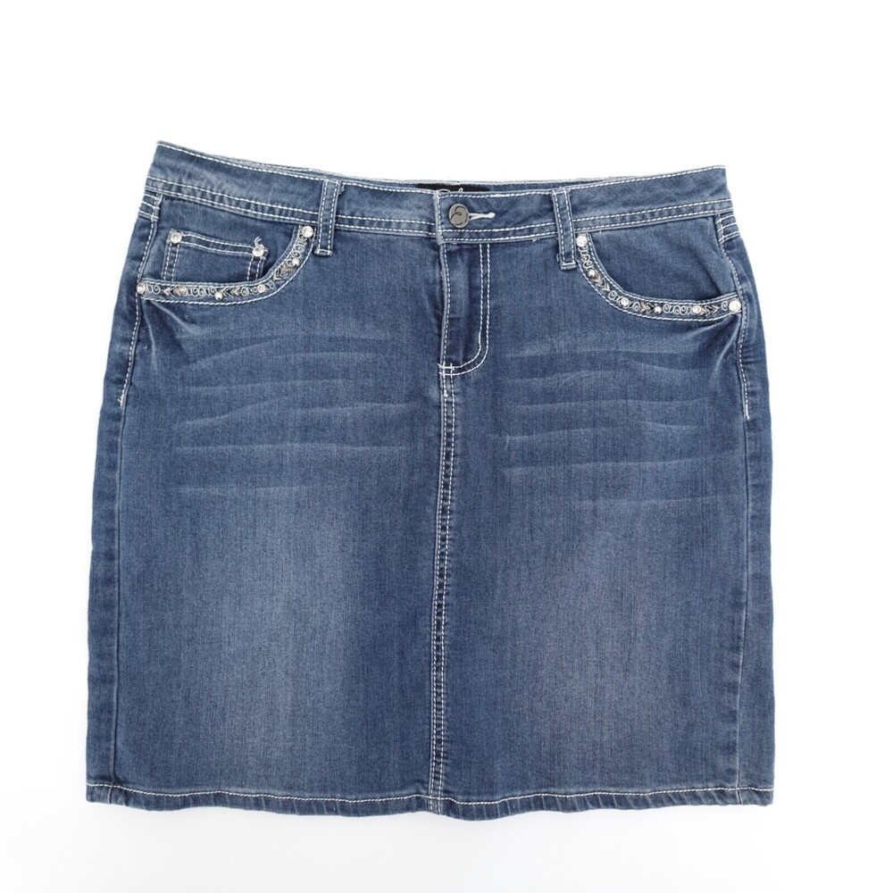 Earl Jean Denim Skirt Womens 12 Petite Blue Short Embroidered Embellished Stud
